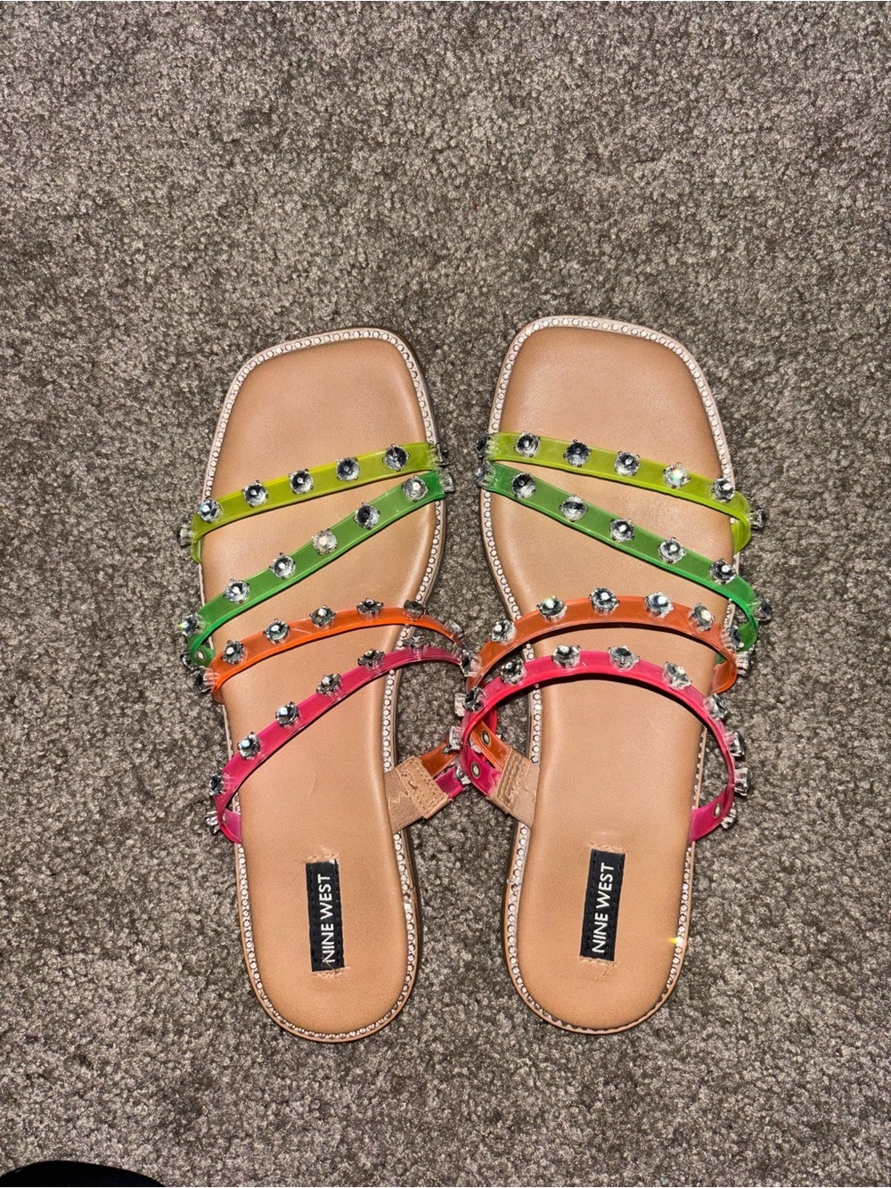 Nine West Women's Rainbow Gem Studded Strappy Sandals - Pink/Orange/Green